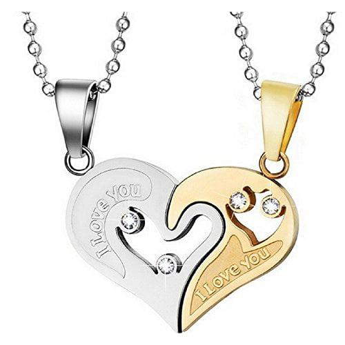 Glamorousky Simple and Sweet Pair of Heart-Shaped 316L Stainless Steel Pendants with Cubic Zirconia and Necklace 